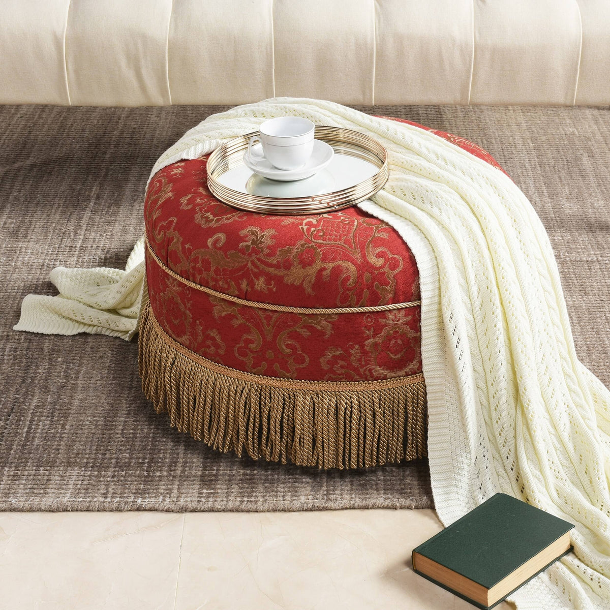 Red & Gold Jacquard Round Ottoman Footstool D5830