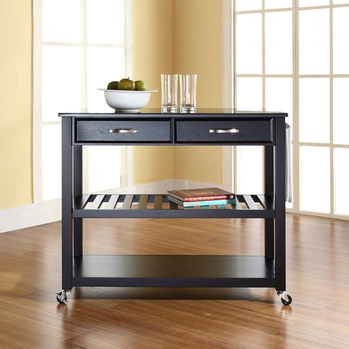 Black Granite Top Kitchen Cart Island with Stool Storage B241449