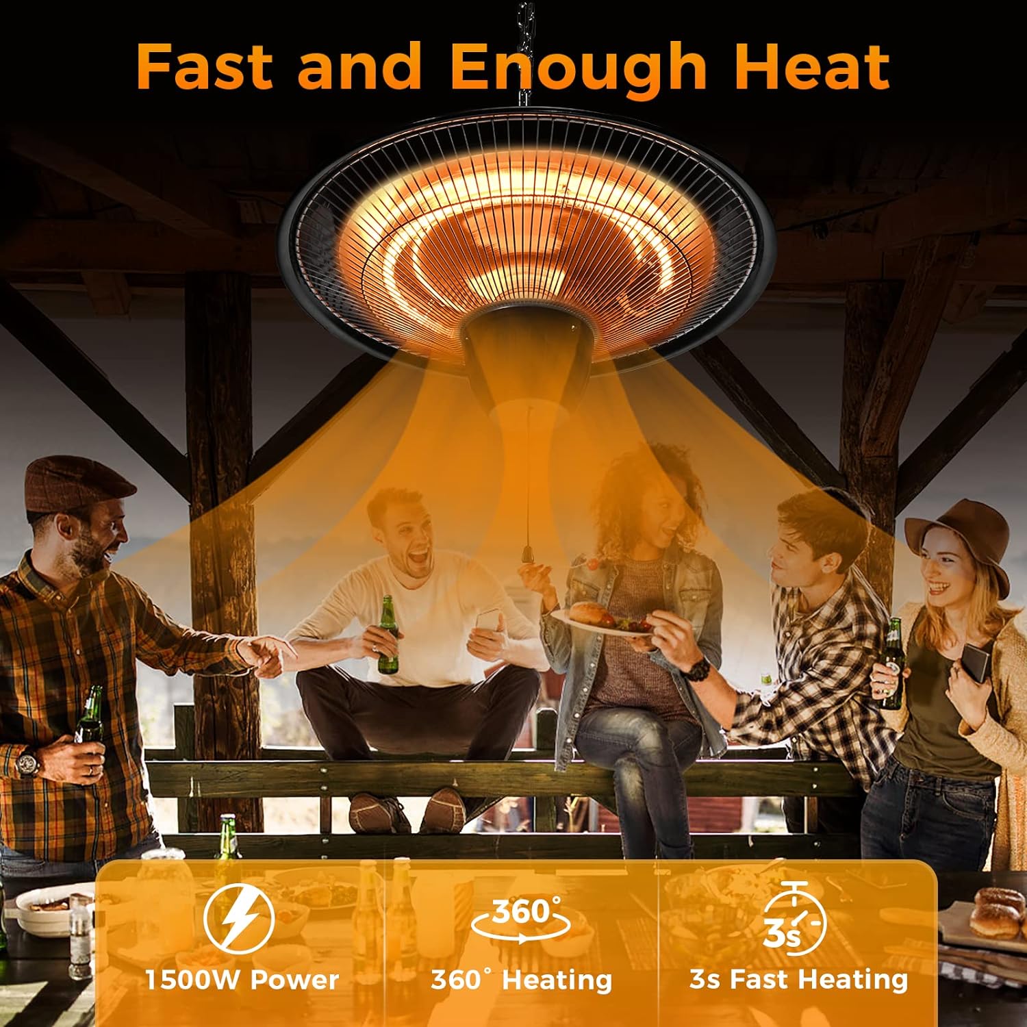1500W Electric Hanging Patio Heater with Overheat & Tip-Over Protection, IP34 Waterproof E80753