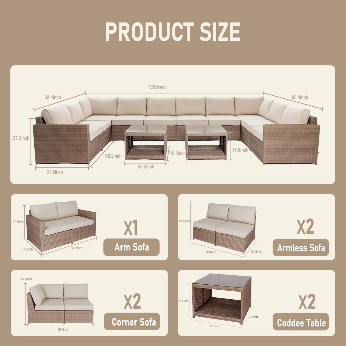 Wicker Patio Furniture Conversation Set Outdoor Rattan Sectional Couch Sofa with Coffee Table (12PCS Light Brown) I266