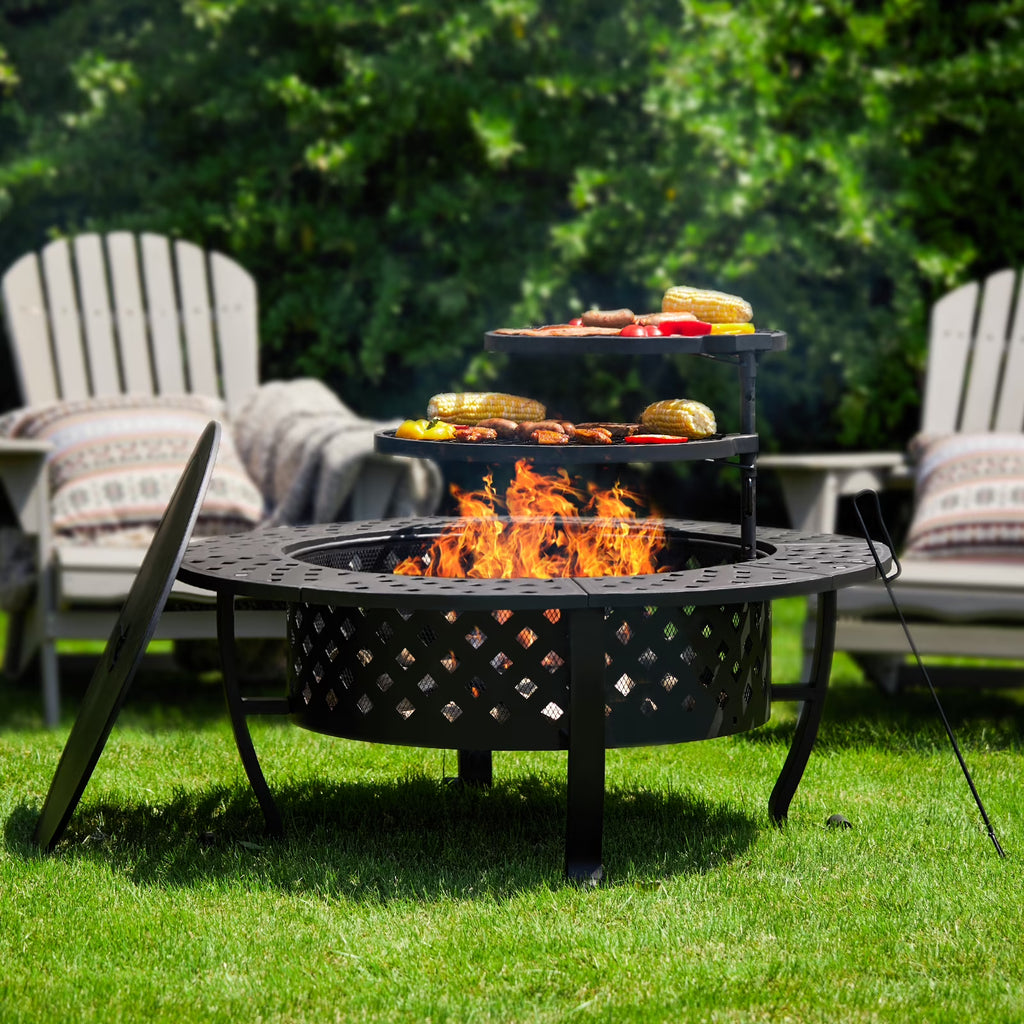 42-inch Metal Fire Pit with 2 Grills and Lid H987075