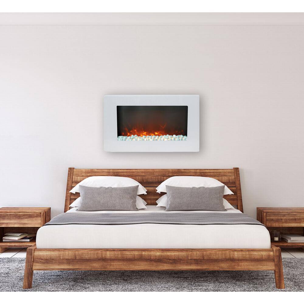 White Wall-Mount Electric Fireplace with Crystal Rock Display A3752