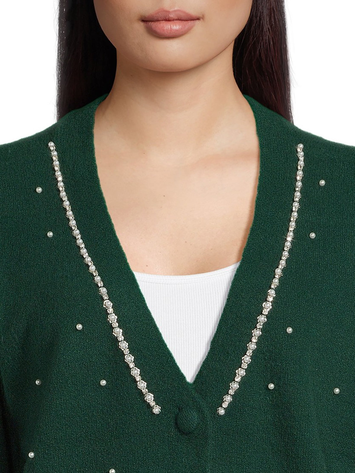 Women's V-Neck Embellished Button Front Cardigan with Long Sleeves W232179