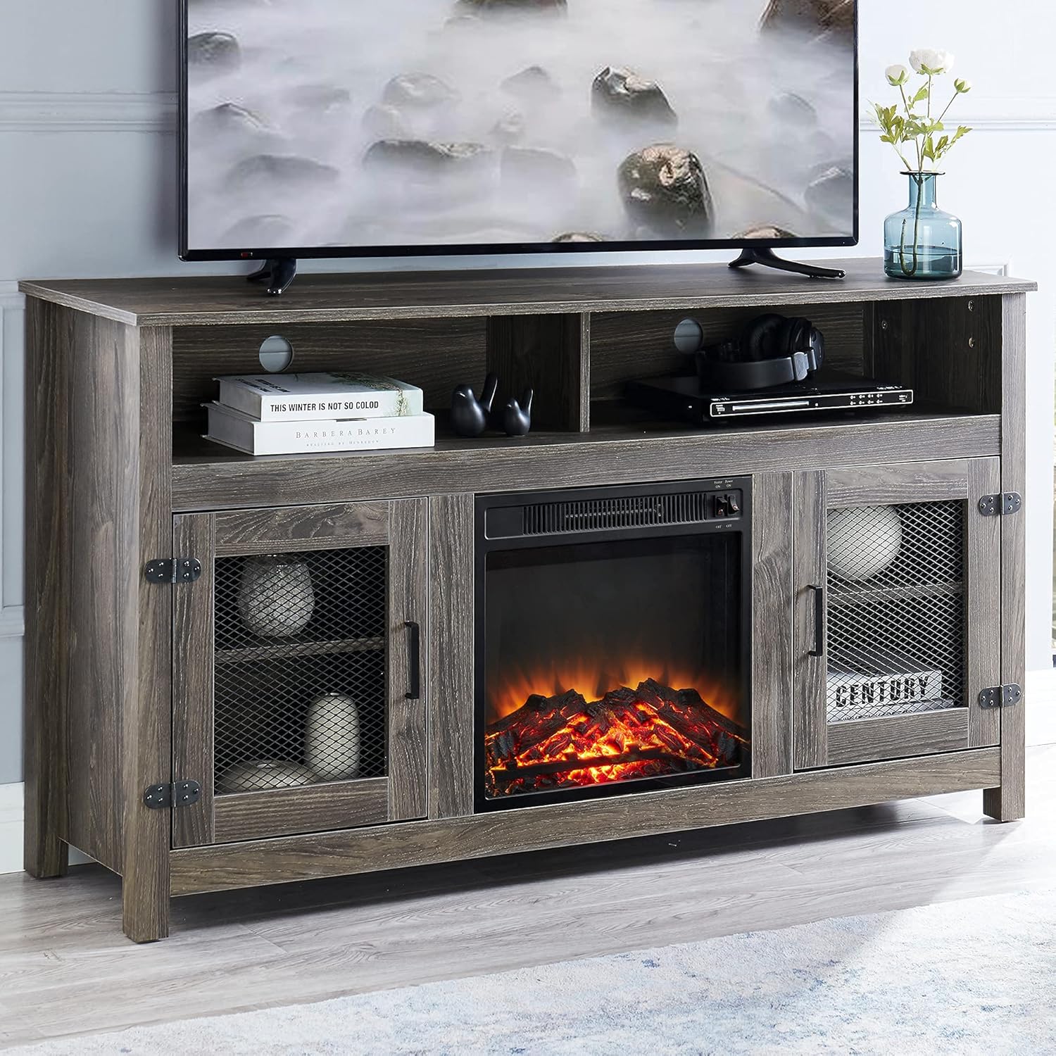 Grey Farmhouse TV Stand with Electric Fireplace and Storage Cabinet G12754