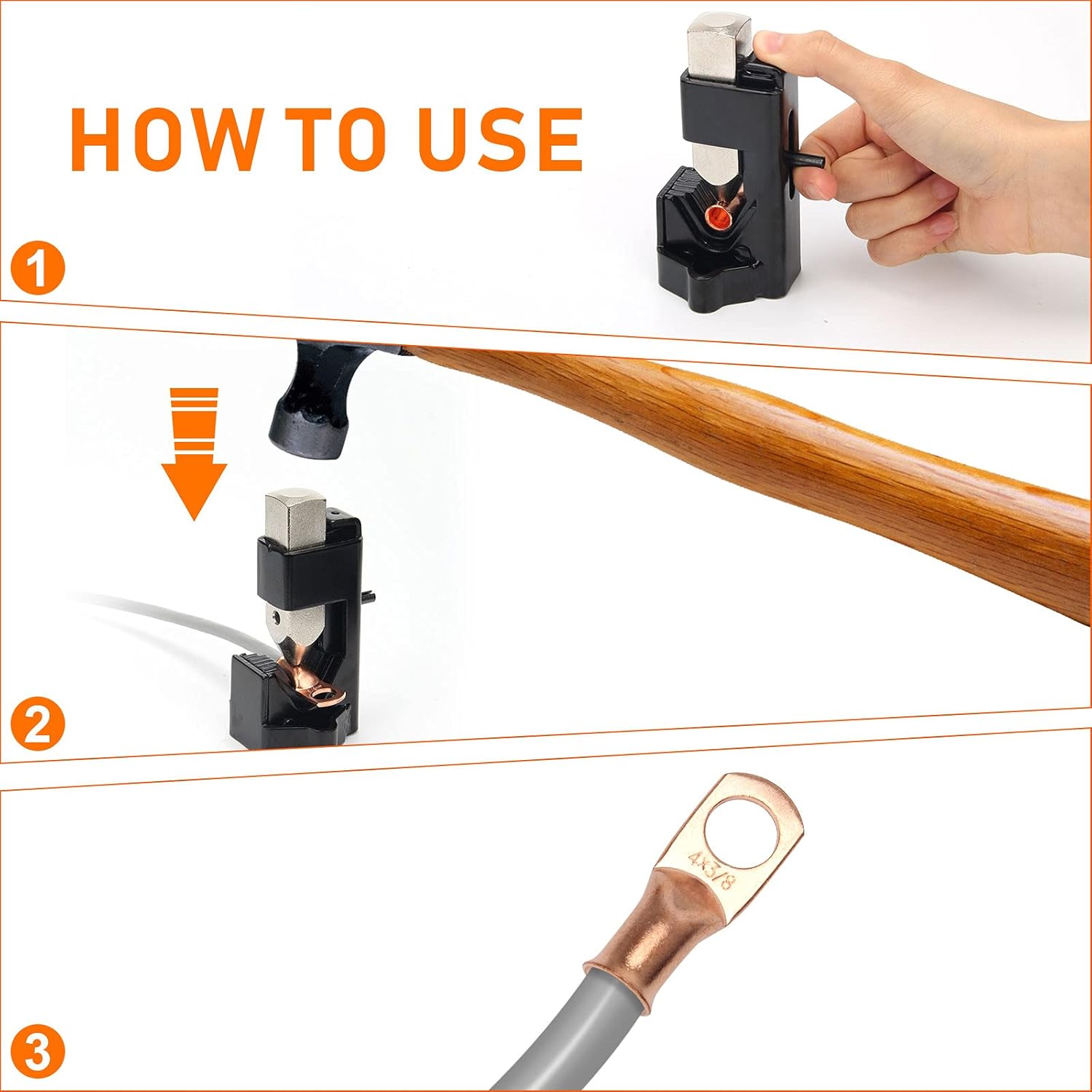 Hammer Crimping Tool for 8 to 4/0 AWG with 4Pcs Terminal Connector and 4Pcs Heat Shrink Tube O263