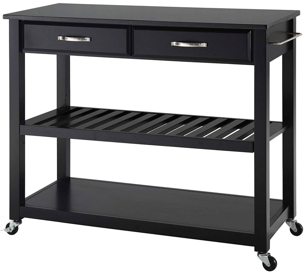 Black Granite Top Kitchen Cart Island with Stool Storage B241449