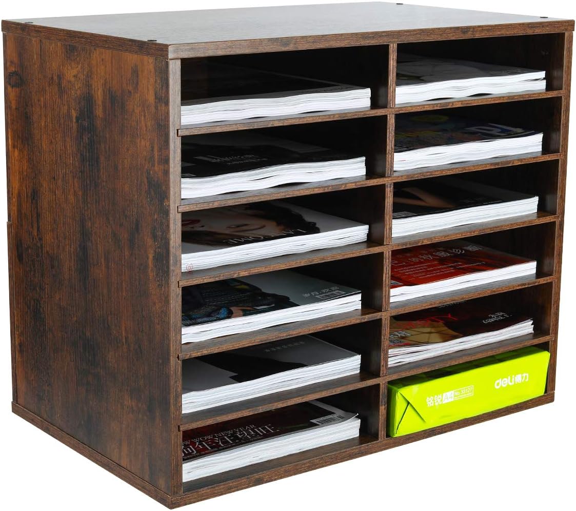 Retro Brown 12 Compartments Wood Desktop Literature Organizer W737