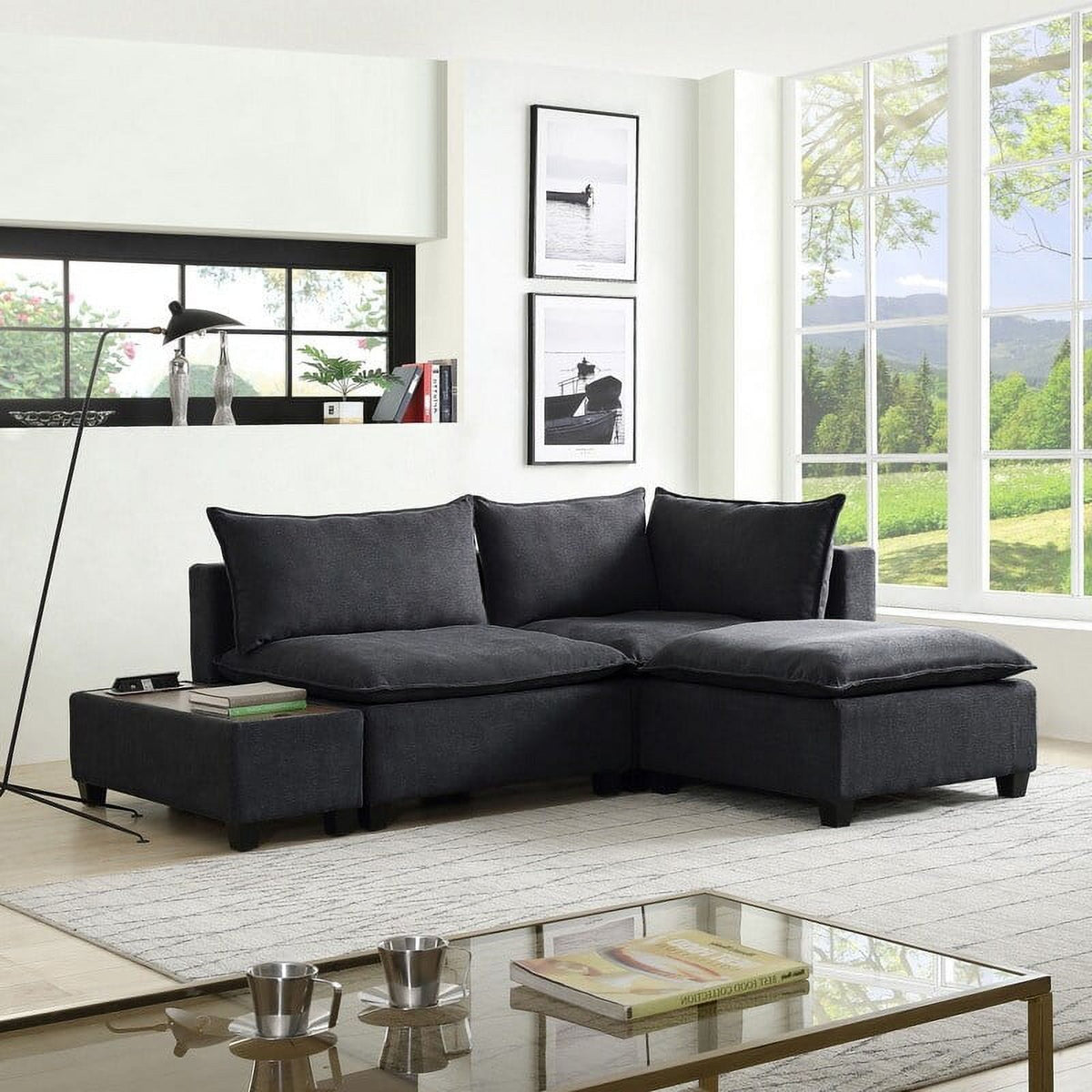 Light Gray Fabric Sectional Loveseat with Ottoman Z32436