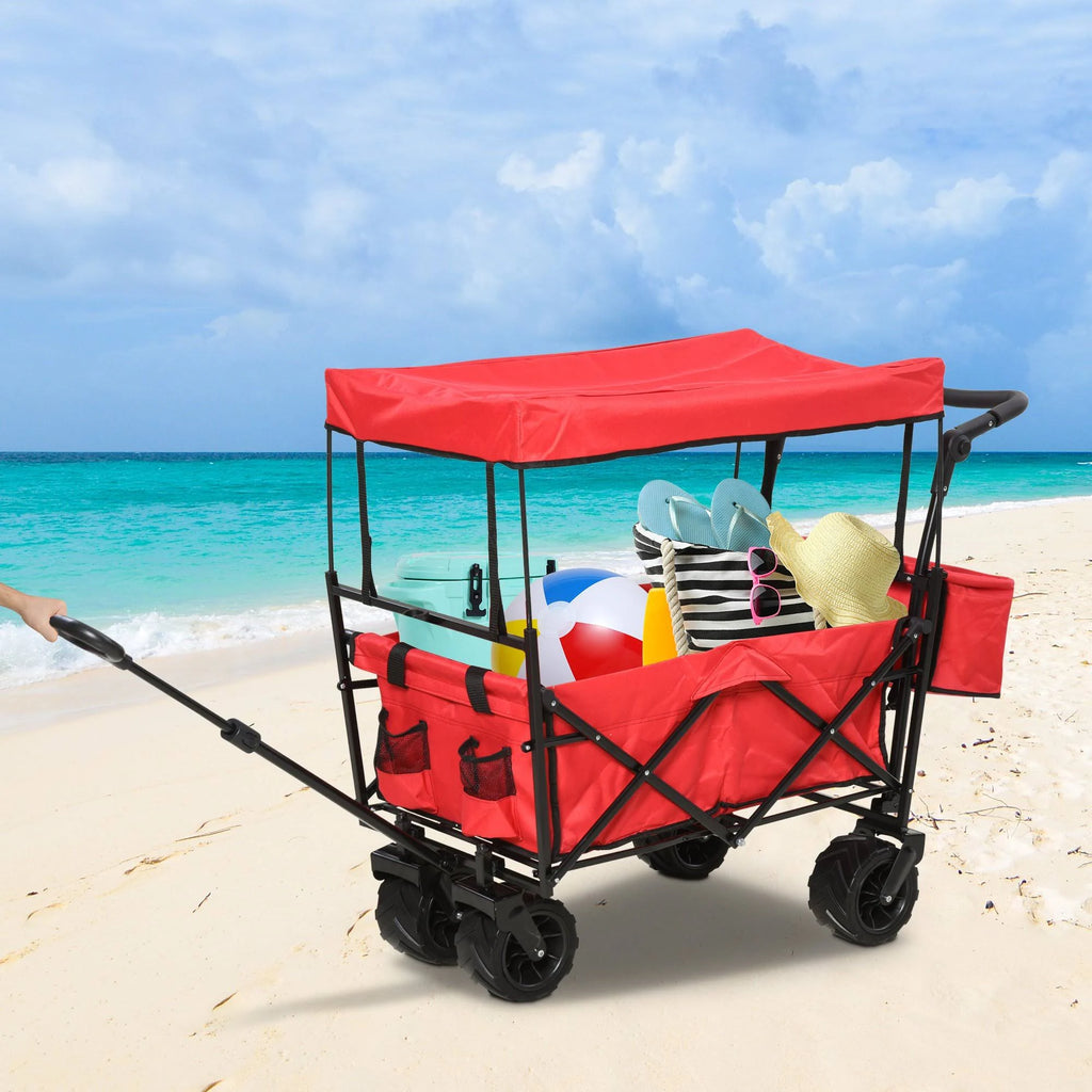 Red Collapsible Utility Beach Wagon Cart with Canopy J495