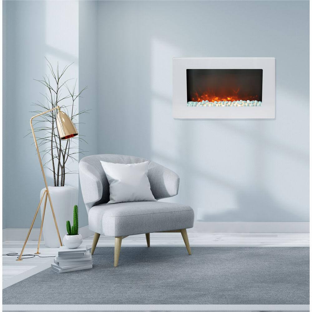 White Wall-Mount Electric Fireplace with Crystal Rock Display A3752