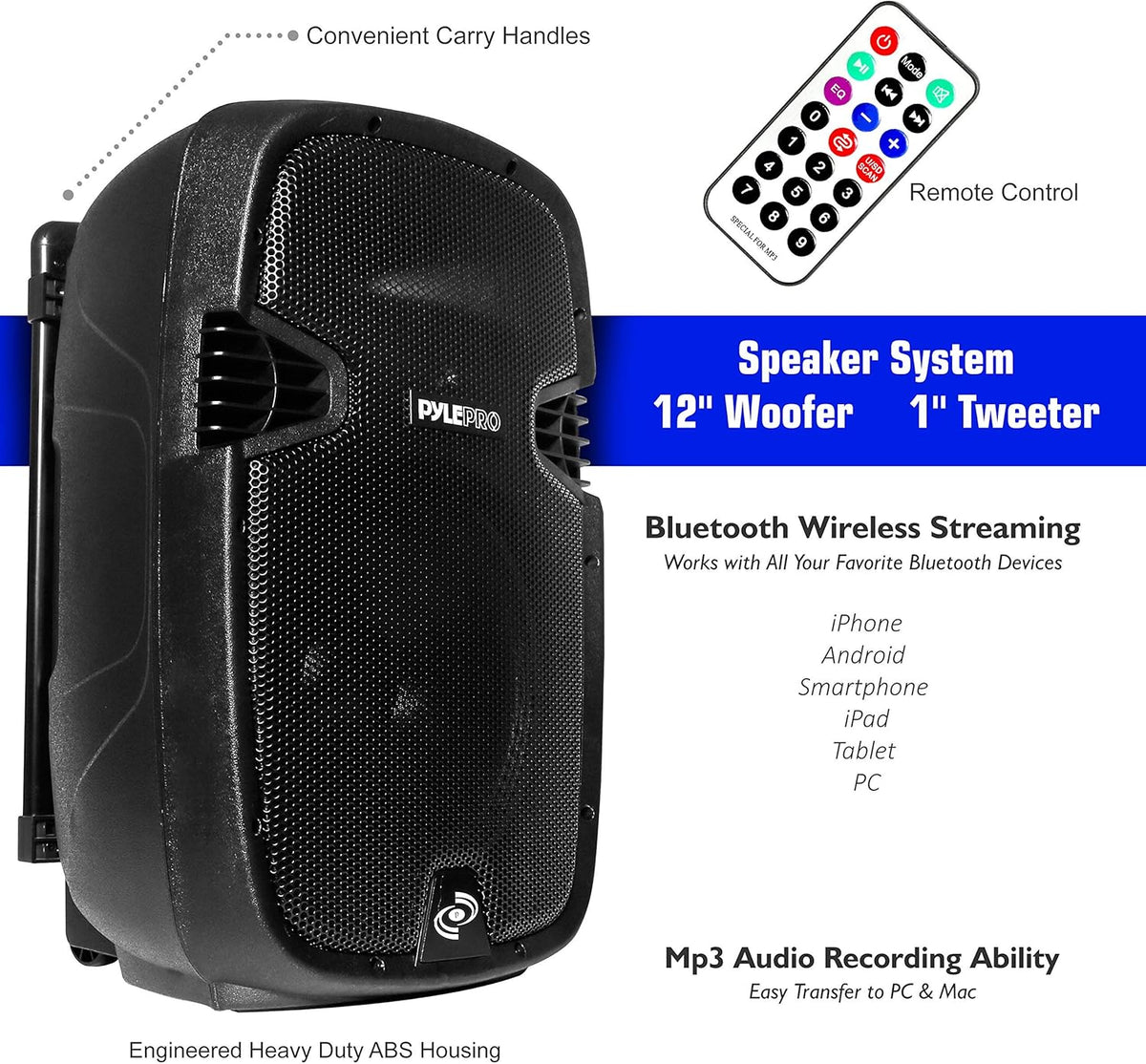 Wireless Portable PA Speaker System with Bluetooth, 12” Subwoofer, 1000 Watt Powered 2-Way Waterproof Amplifier H8947