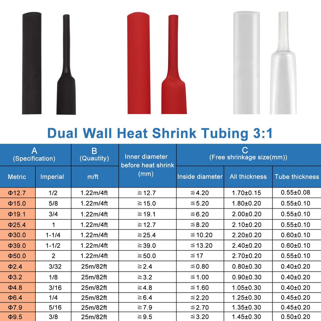 82 Ft 1/2 Inch 3:1 Waterproof Heat Shrink Tubing Black Pack of 2 O4213