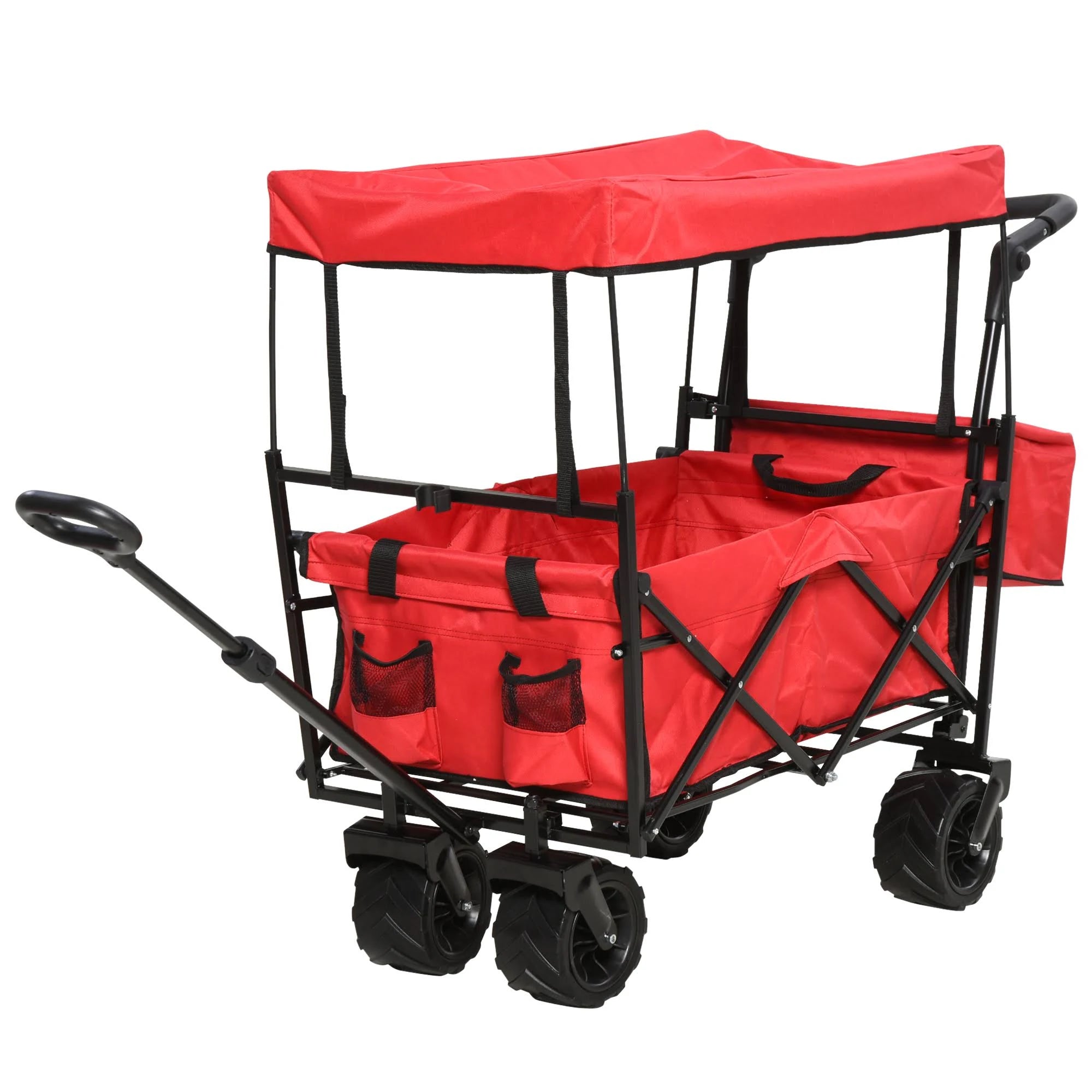 Red Collapsible Utility Beach Wagon Cart with Canopy J495