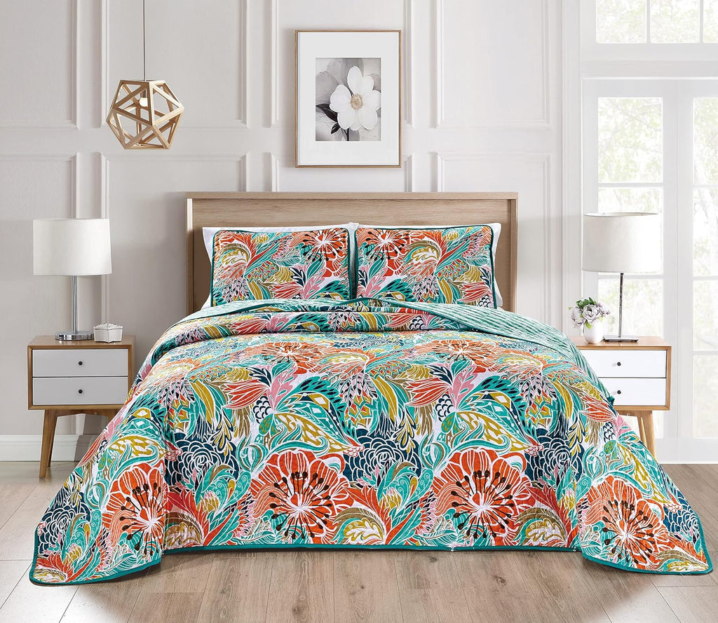 3-Piece Oversize Quilt Set Bright Reversible Bedspread Coverlet Cal King Size Bed Cover C758