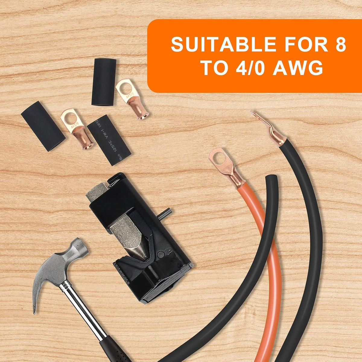 Hammer Crimping Tool for 8 to 4/0 AWG with 4Pcs Terminal Connector and 4Pcs Heat Shrink Tube O263