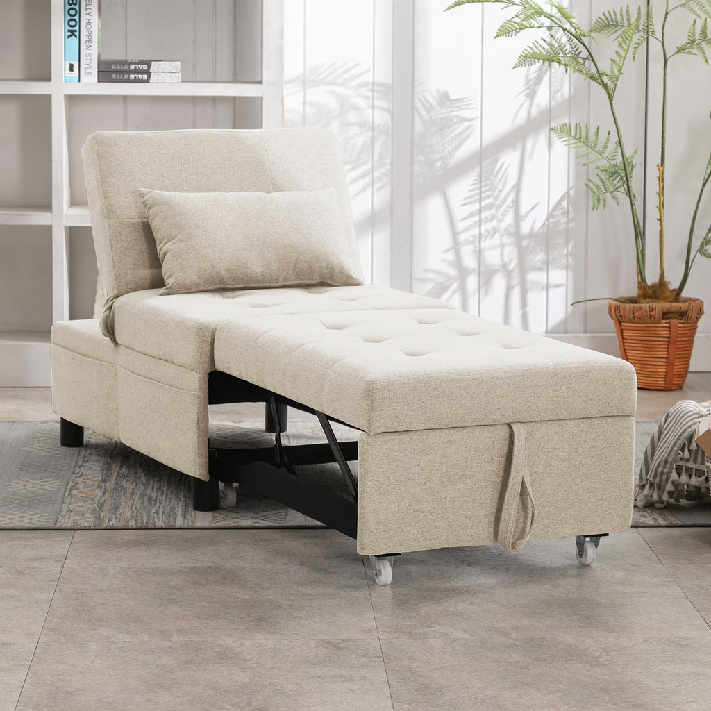 Beige Linen Pull-out Sofa Bed with Steel Frame J7750