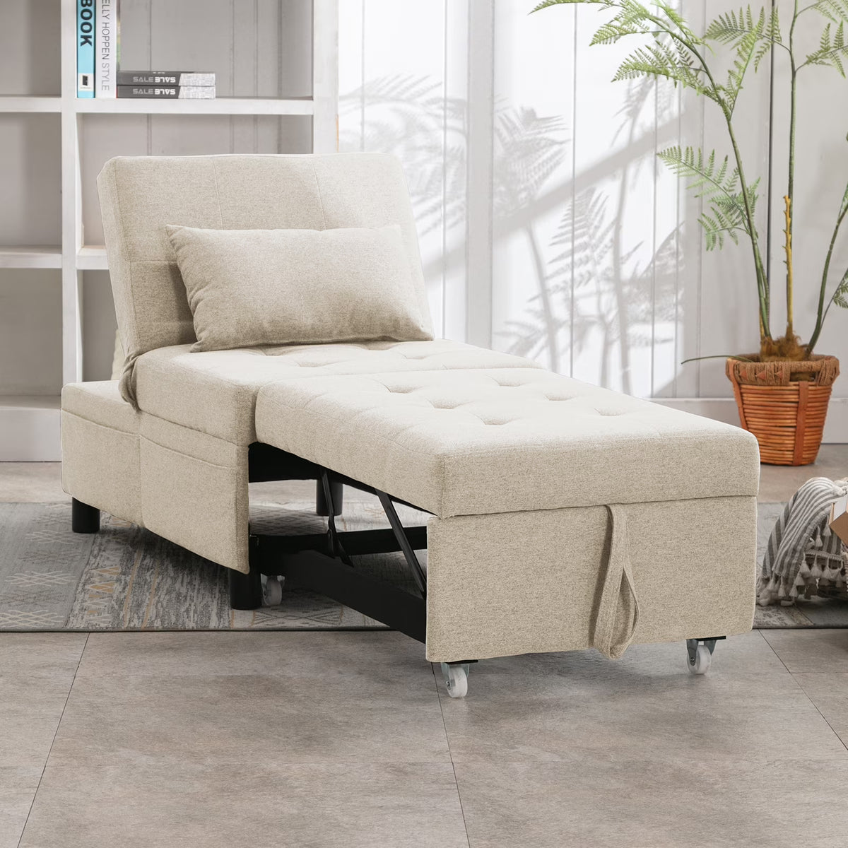 Beige Linen Pull-out Sofa Bed with Steel Frame J7750