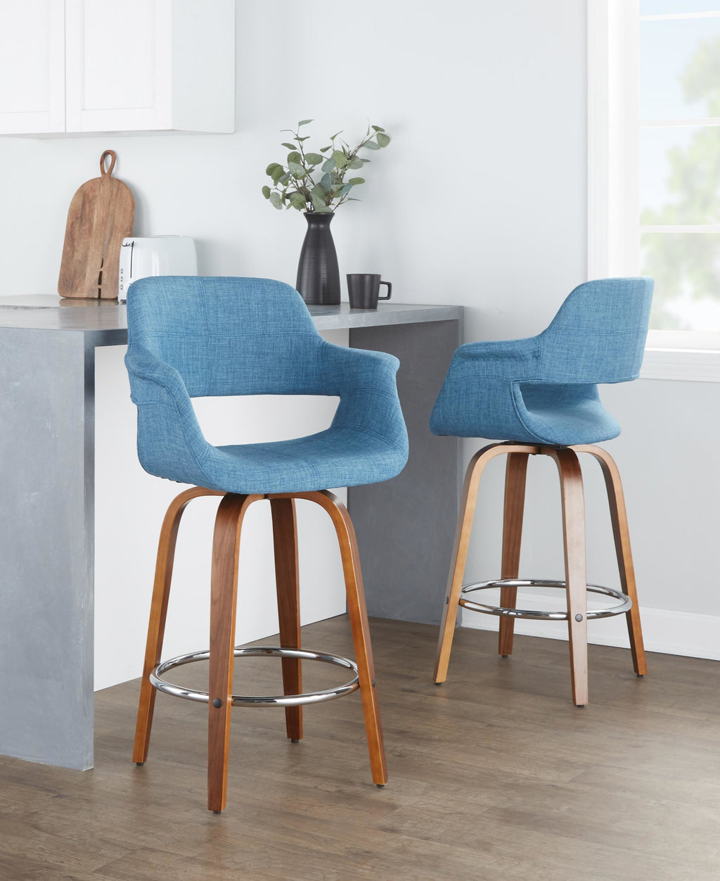 26" Mid-Century Modern Counter Stool with Swivel in Walnut Wood and Blue Fabric with Round Chrome Metal Footrest - Set of 2 C54022