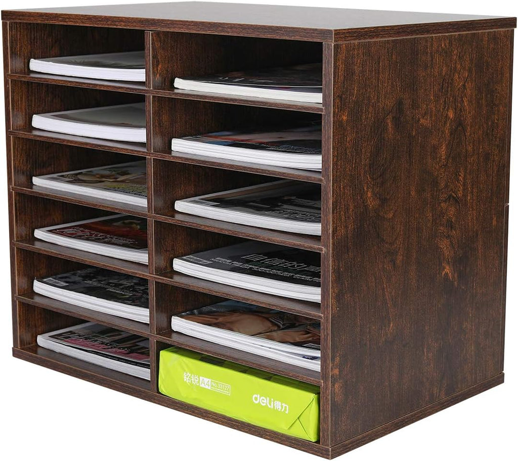 Retro Brown 12 Compartments Wood Desktop Literature Organizer W737