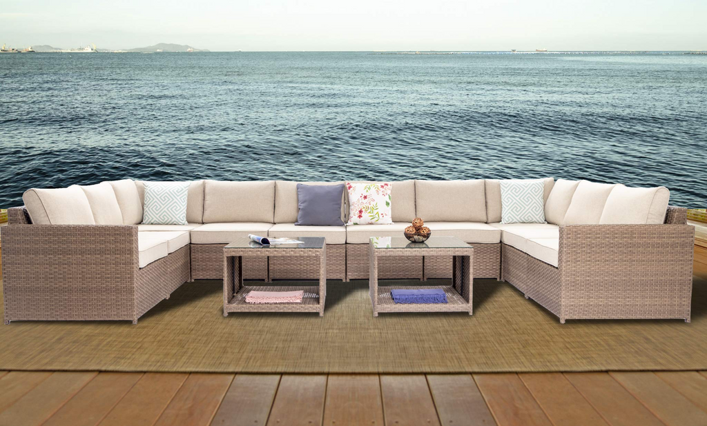 Wicker Patio Furniture Conversation Set Outdoor Rattan Sectional Couch Sofa with Coffee Table (12PCS Light Brown) I266