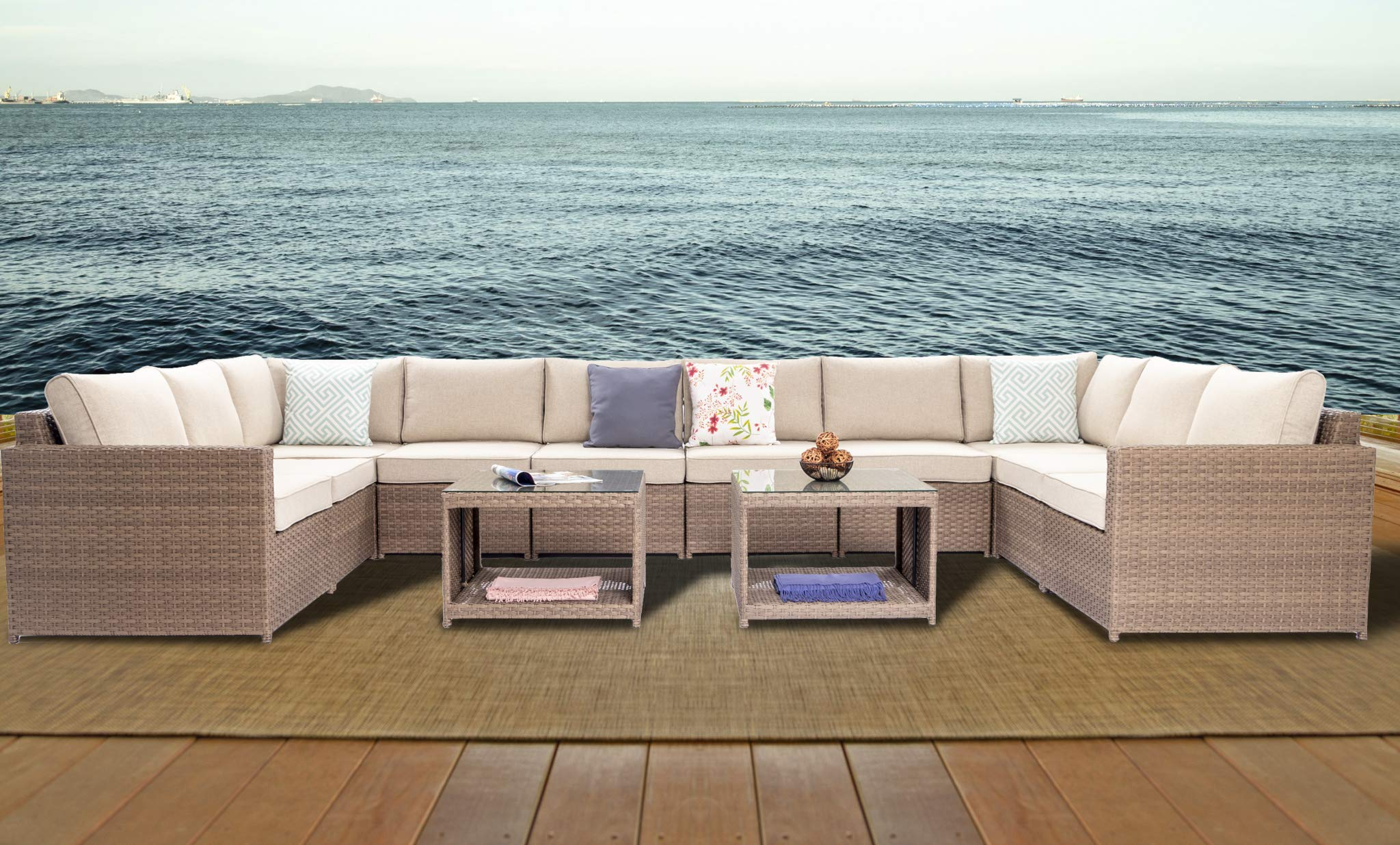 Wicker Patio Furniture Conversation Set Outdoor Rattan Sectional Couch Sofa with Coffee Table (12PCS Light Brown) I266