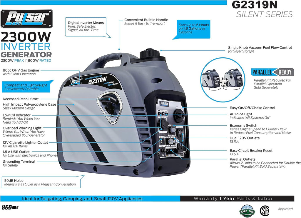 2,300W Portable Gas-Powered Inverter Generator with USB Outlet O96048