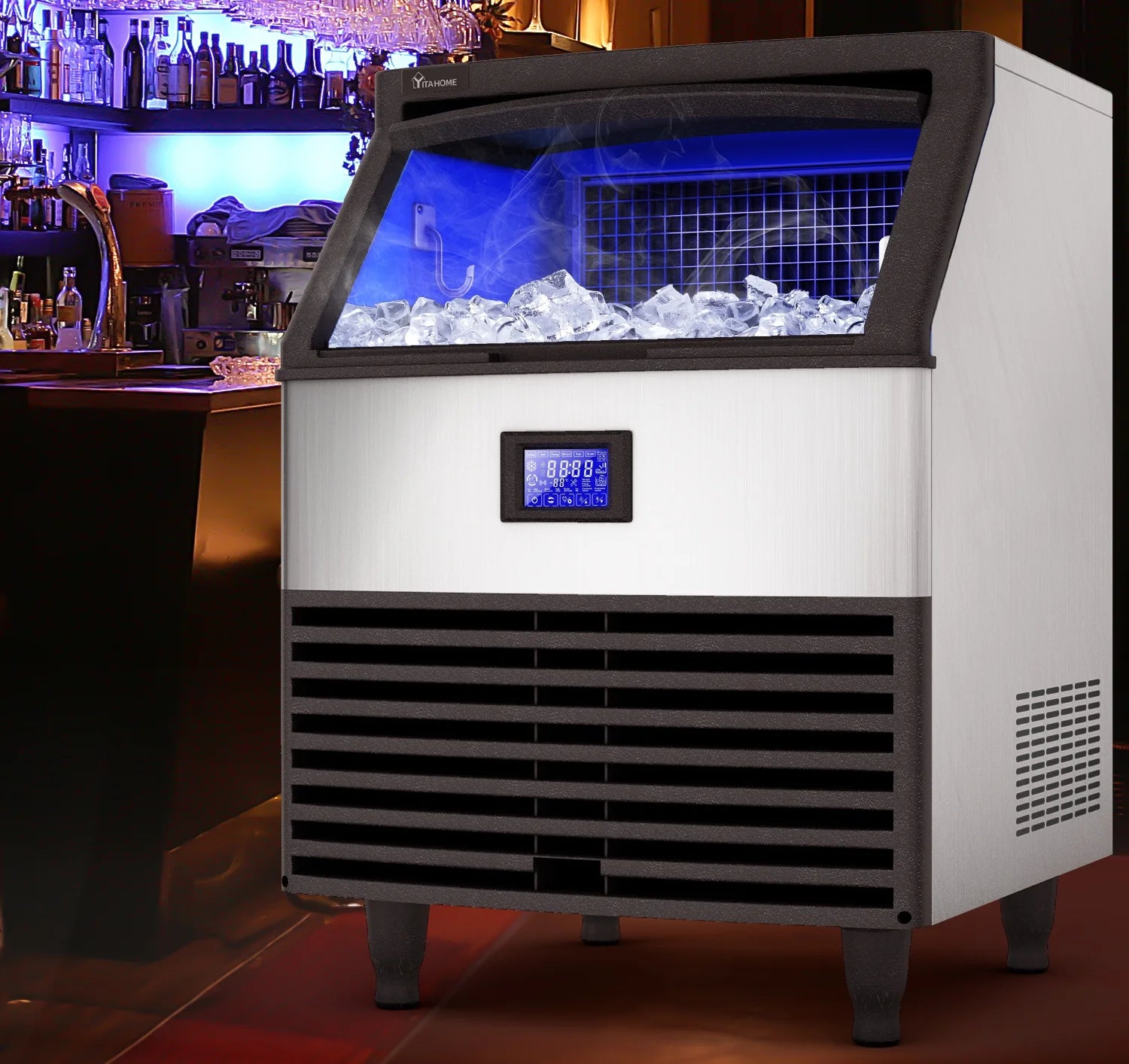 Commercial Ice Maker Machine 320lbs/24h with 100lbs Storage Bin, Stainless Steel Ice Scoop, Blue Light W301323
