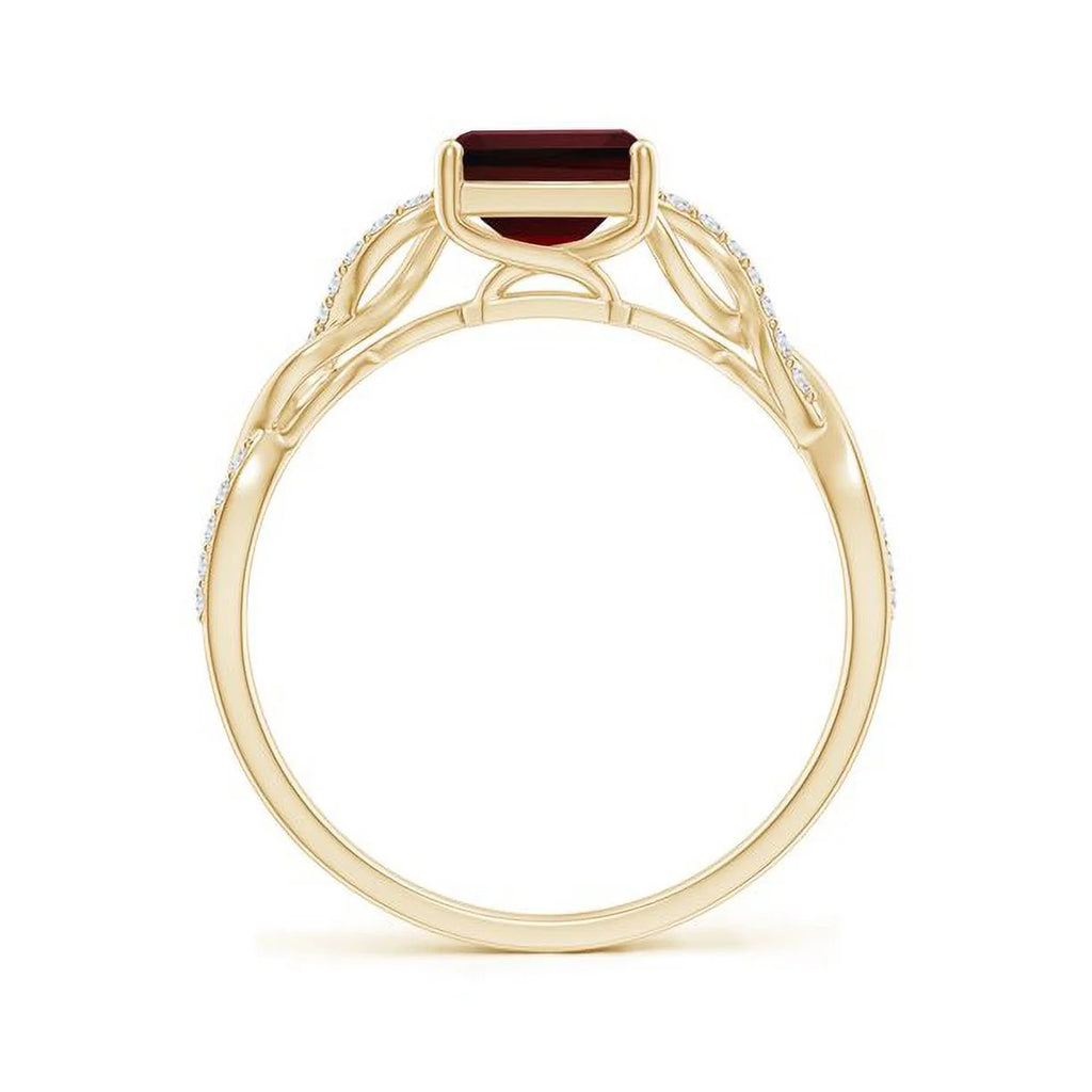 Red Garnet & Natural Diamond Emerald Cut Solitaire Ring 14K Yellow Gold O281