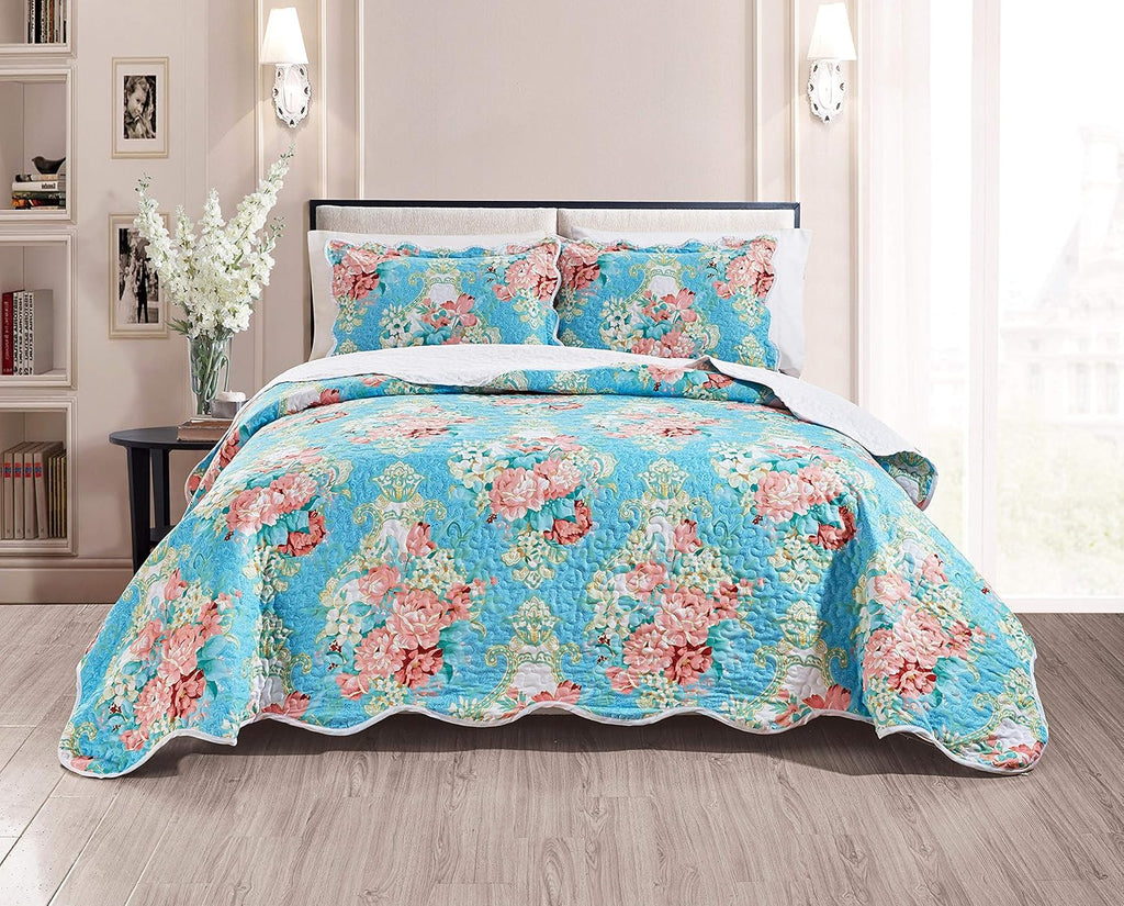 3-Piece Oversize Quilt Set Bright Reversible Bedspread Coverlet Cal King Size Bed Cover C758