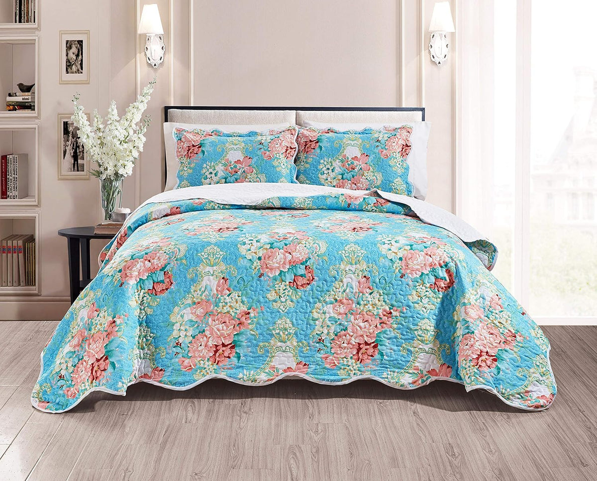 3-Piece Oversize Quilt Set Bright Reversible Bedspread Coverlet Cal King Size Bed Cover C758