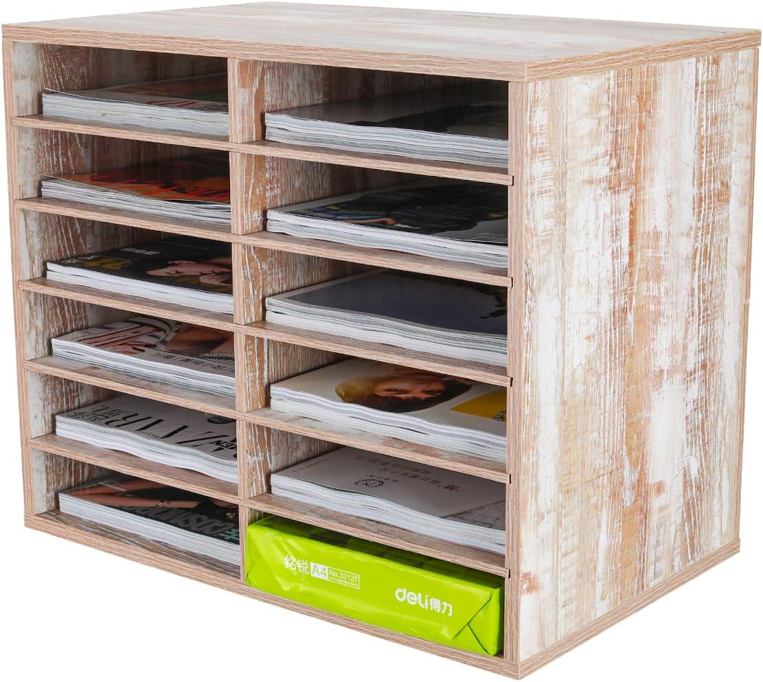 Retro Brown 12 Compartments Wood Desktop Literature Organizer W737