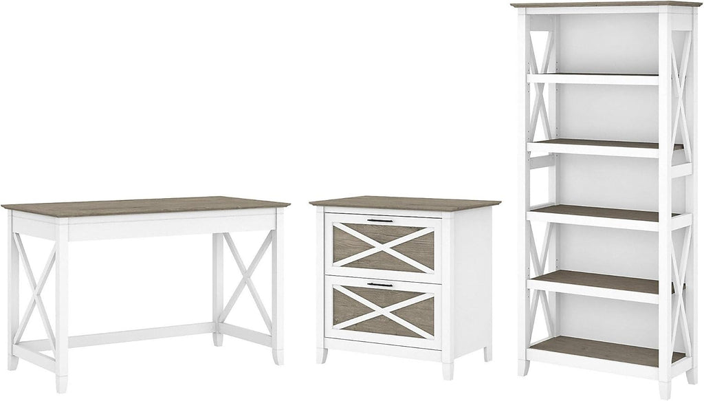 Key West Writing Desk with 2 Drawer Lateral File Cabinet and 5 Shelf Bookcase, 48W, Reclaimed Pine G8362