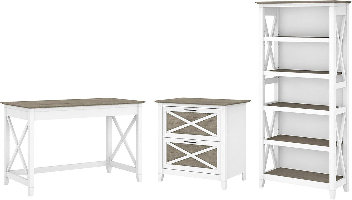 Key West Writing Desk with 2 Drawer Lateral File Cabinet and 5 Shelf Bookcase, 48W, Reclaimed Pine G8362