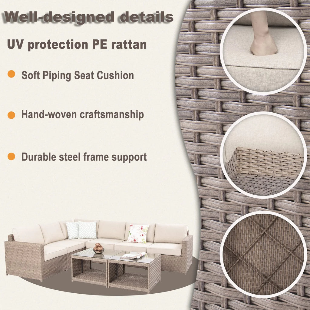 Wicker Patio Furniture Conversation Set Outdoor Rattan Sectional Couch Sofa with Coffee Table (12PCS Light Brown) I266