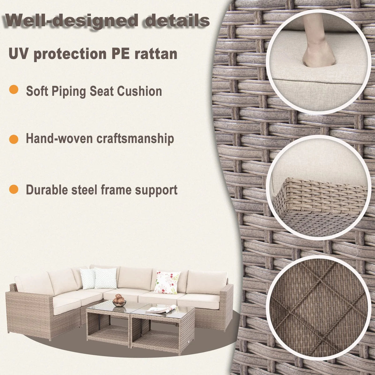 Wicker Patio Furniture Conversation Set Outdoor Rattan Sectional Couch Sofa with Coffee Table (12PCS Light Brown) I266