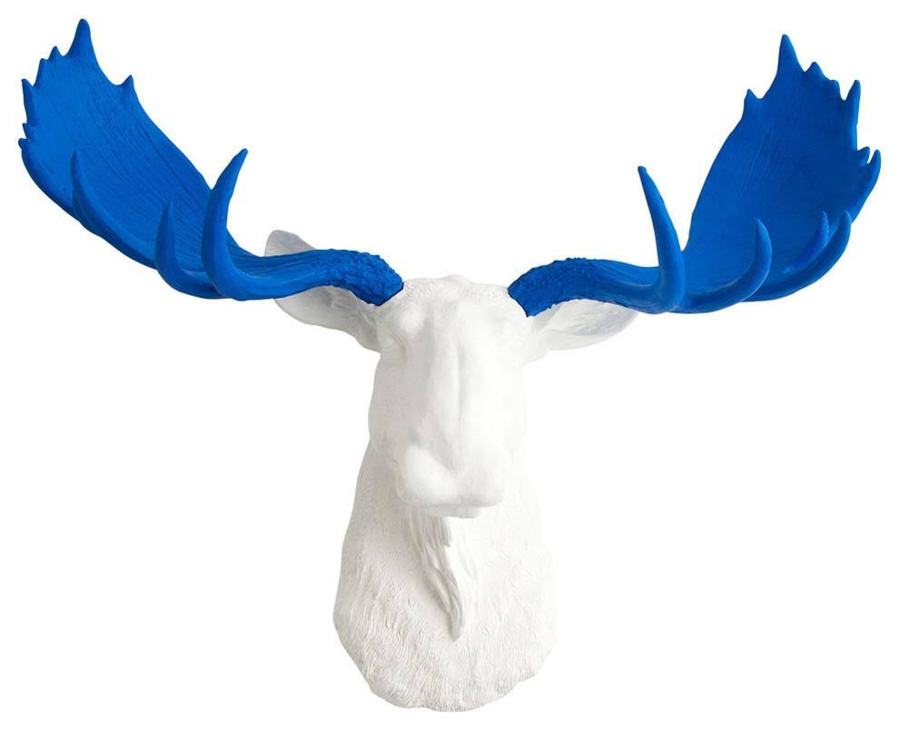 White Faux Taxidermy Moose Head with Blue Antlers Resin Q253