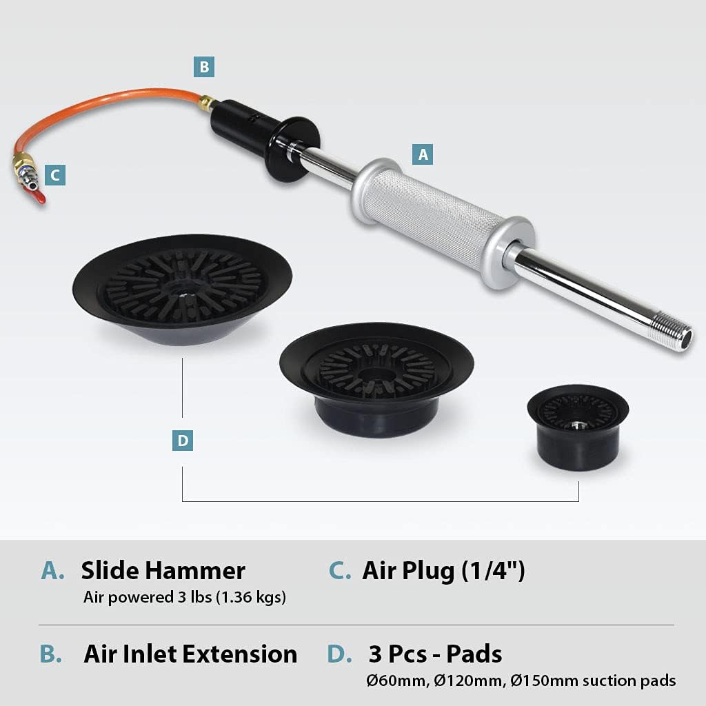 Pneumatic Auto Body Dent Puller Paintless Dent Repair Kit with 3-Piece Pads B27005