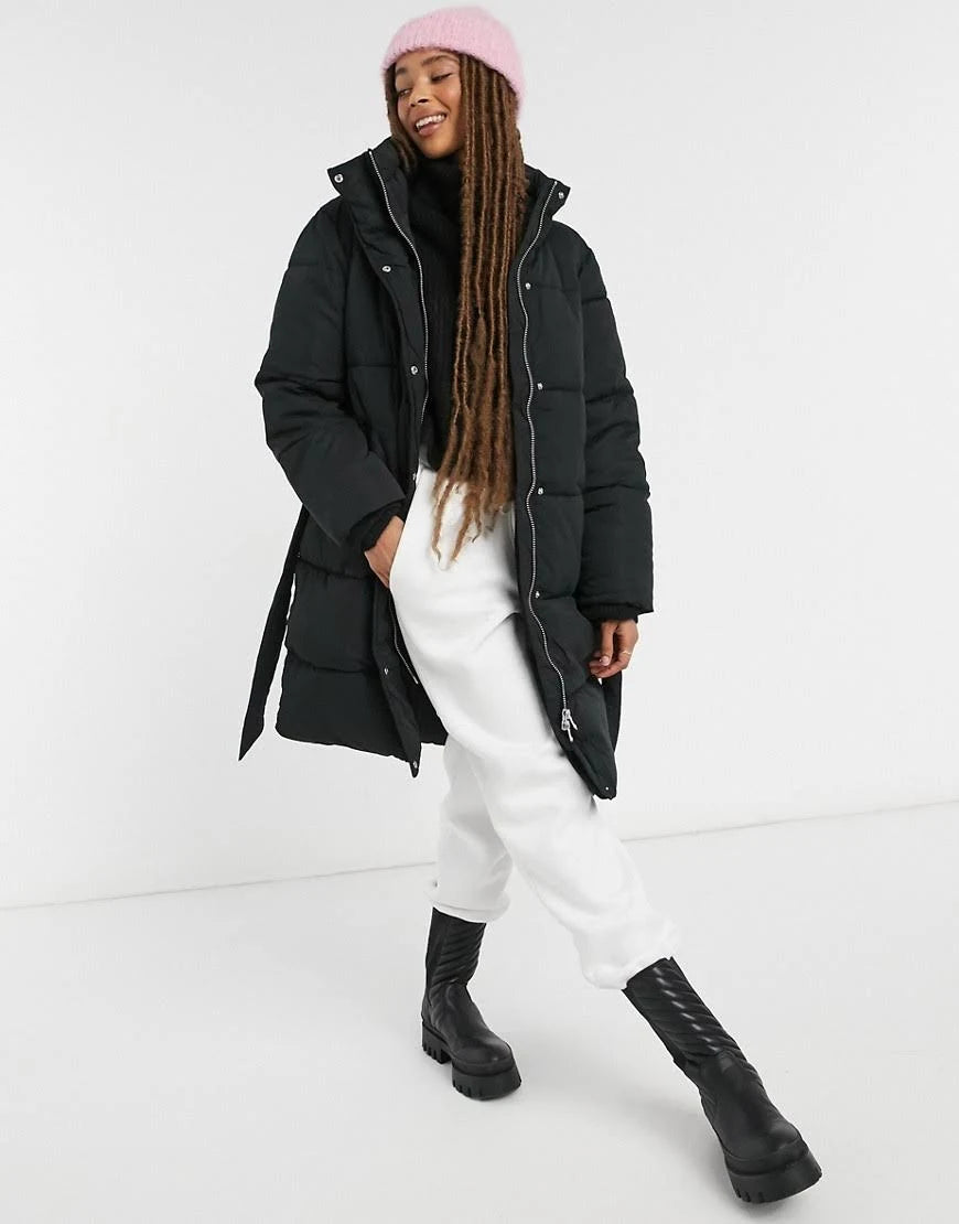 Padded Coat with Belt in Black L5076