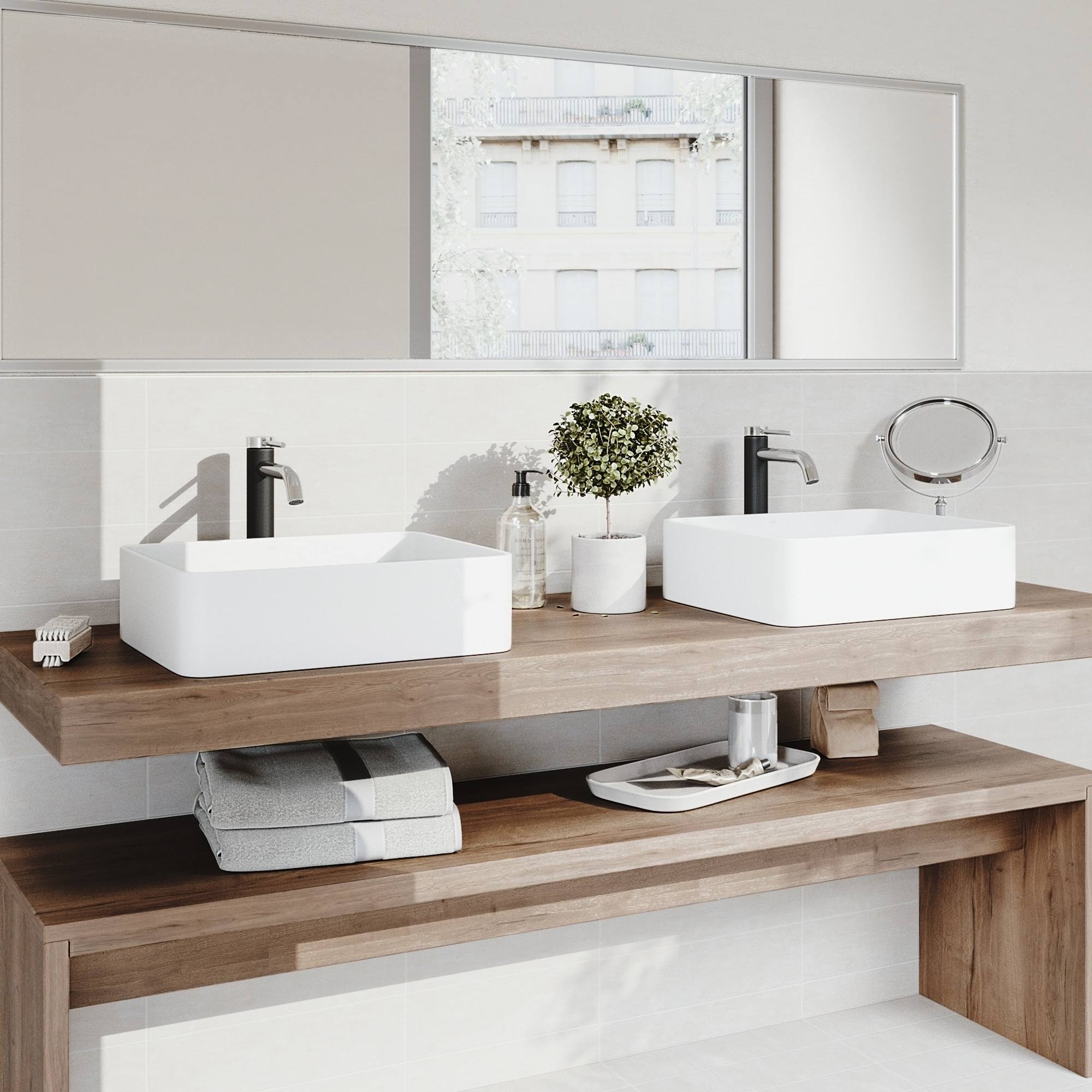 White Rectangular Vessel Bathroom Sink with Chrome Faucet and Pop-Up Drain G19056