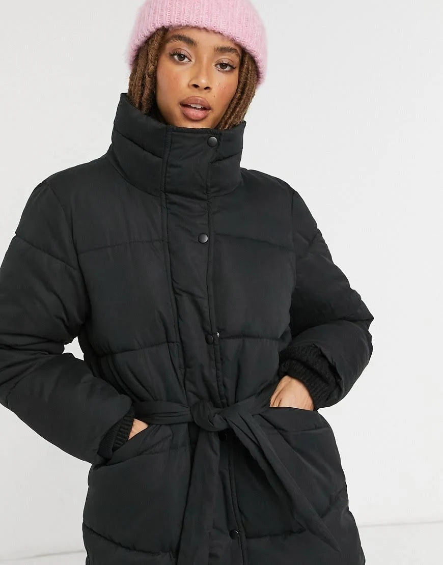 Padded Coat with Belt in Black L5076