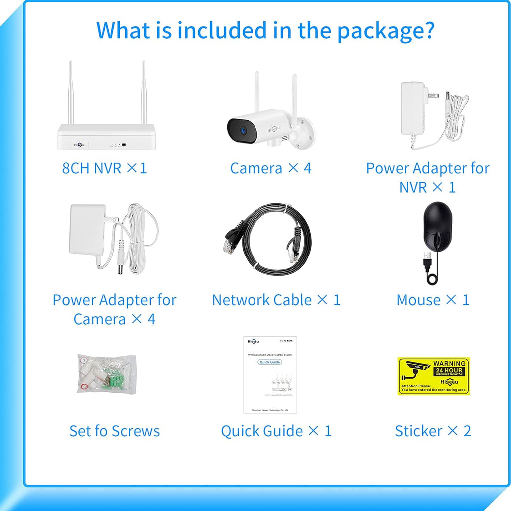 8CH 2K Wireless Security Camera System, 4pcs 180° View Cameras, 1TB Hard Drive W4250