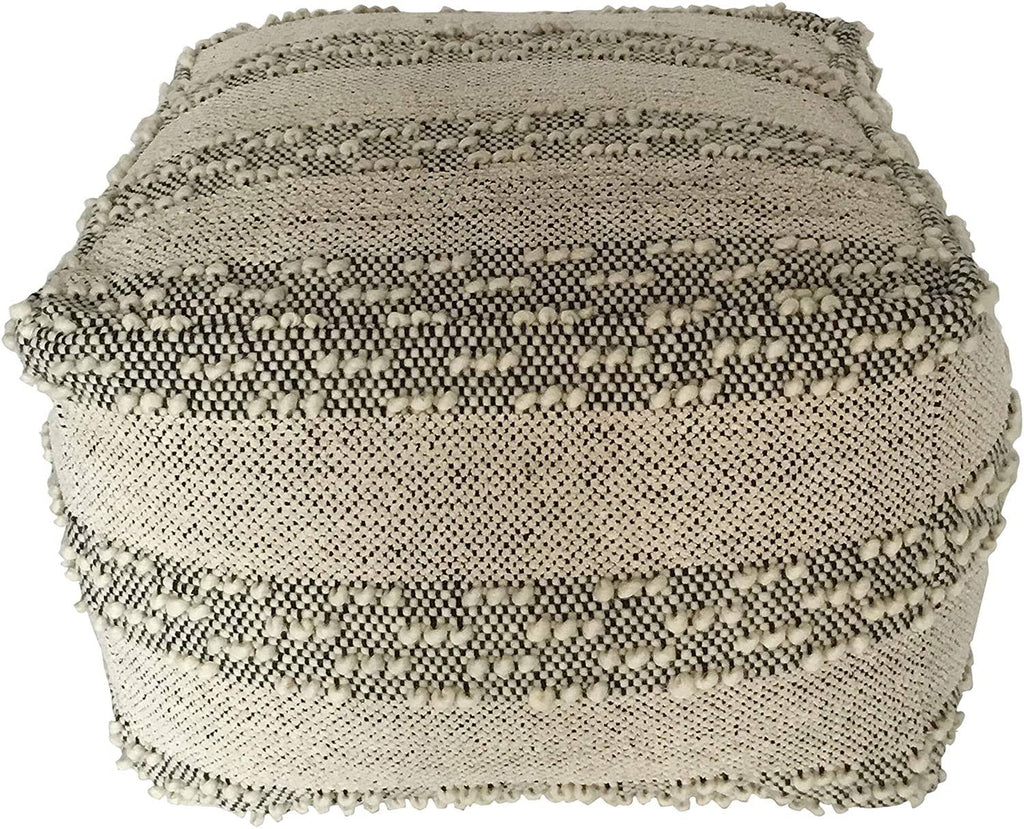Grey Off/White Woven Striped Cotton Wool Square Pouf X600029