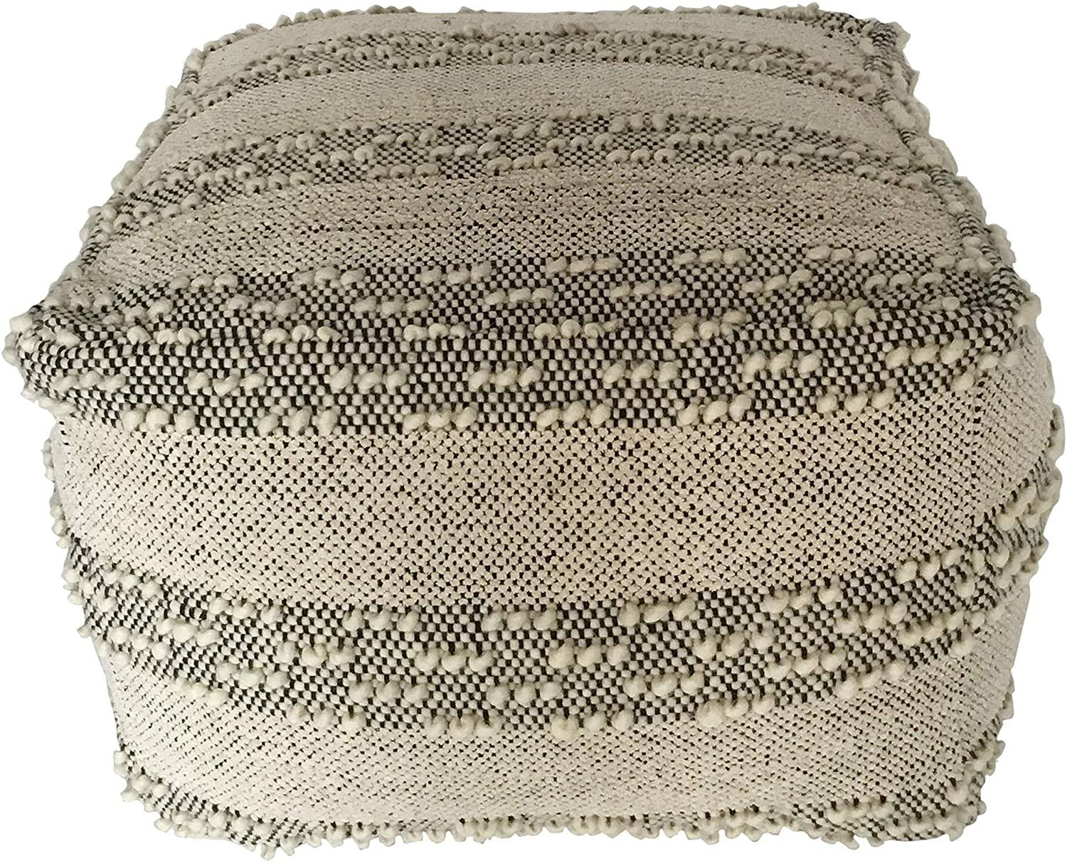 Grey Off/White Woven Striped Cotton Wool Square Pouf X600029
