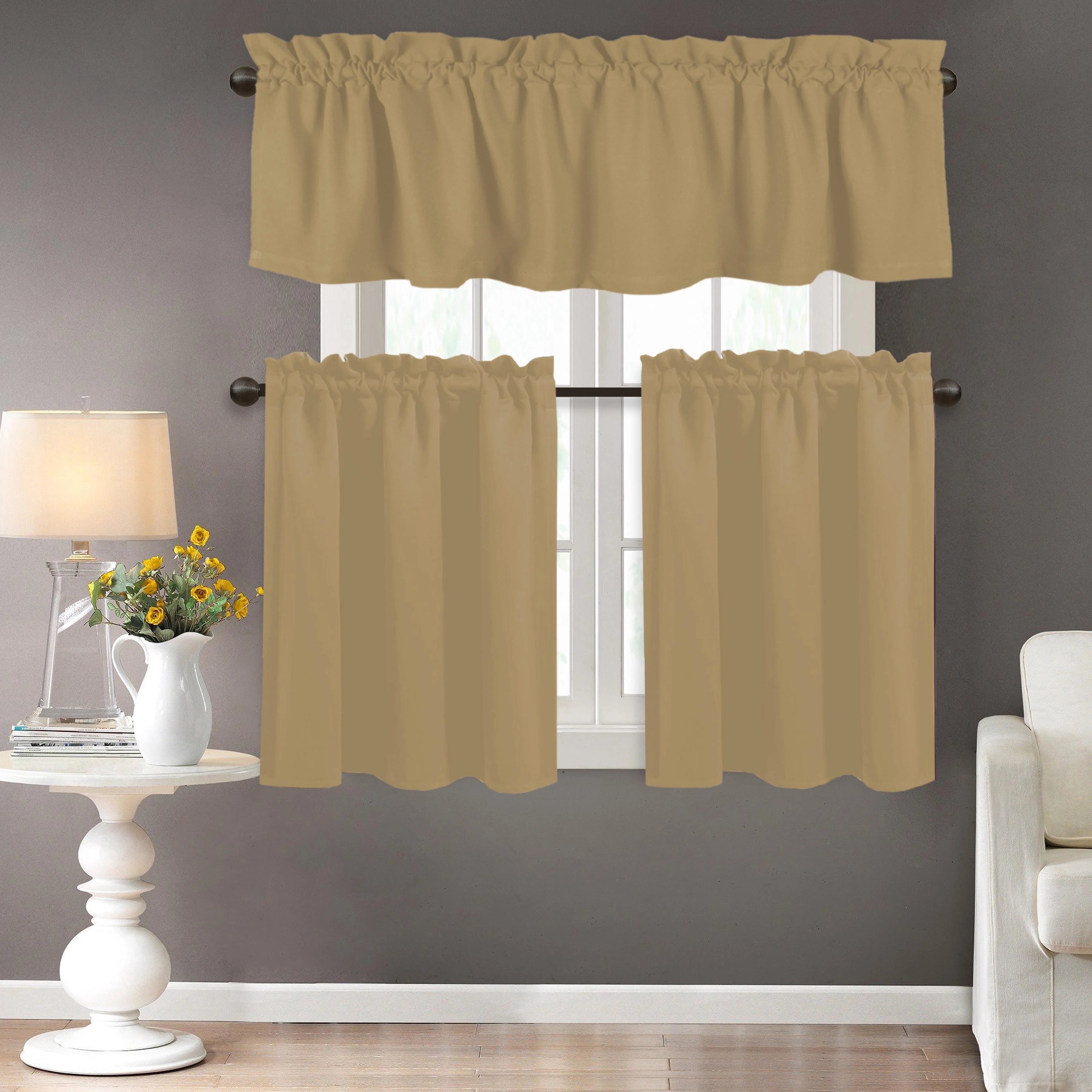 Beige 100% Cotton Kitchen Window Curtain Tiers Valance Set 3 Piece N528