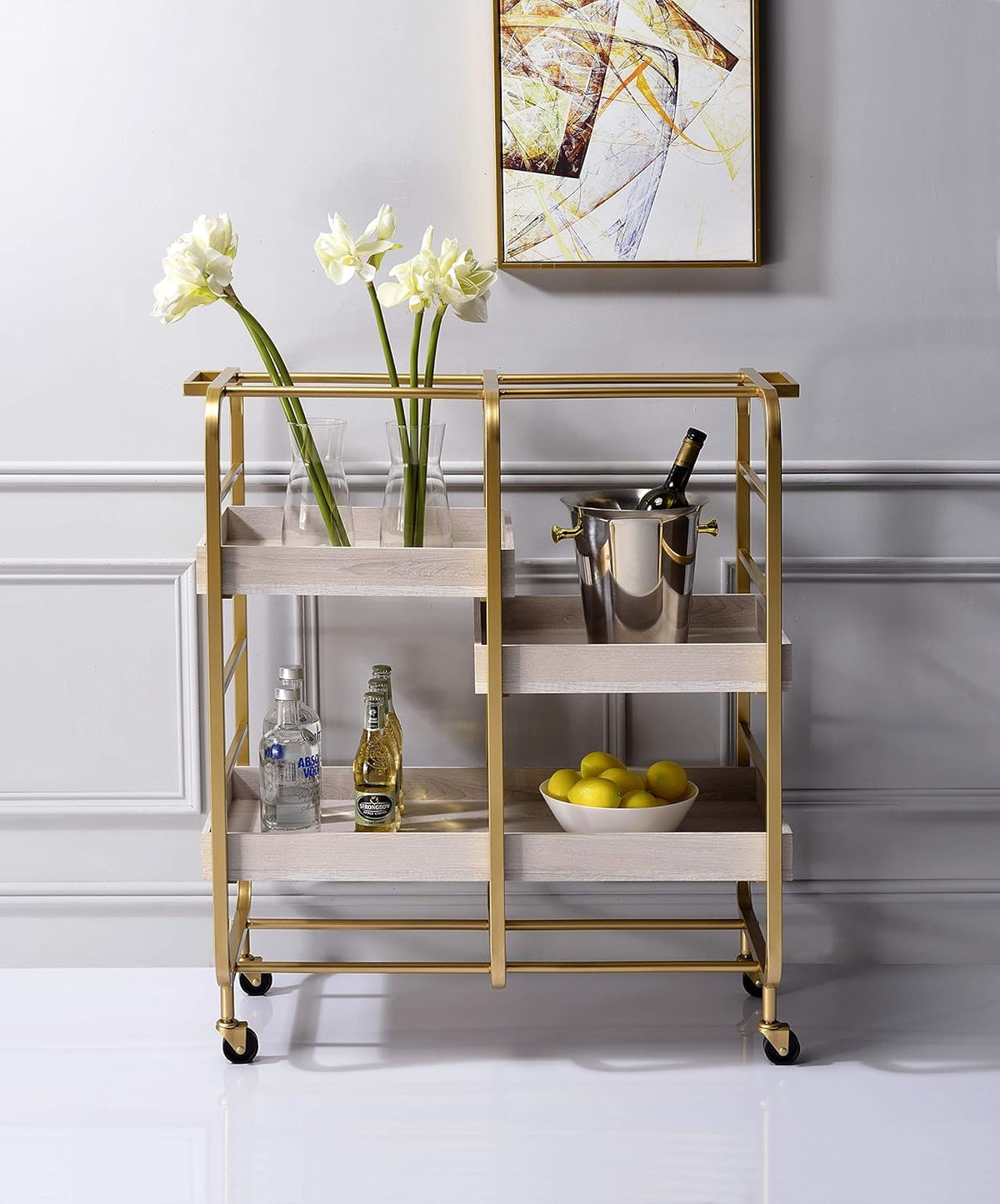 Gold & White-Washed Serving Cart F80842