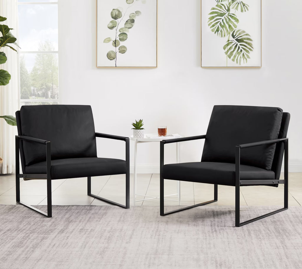 Leather Accent Arm Chair Set of 2 with Metal Frame, Black U7840