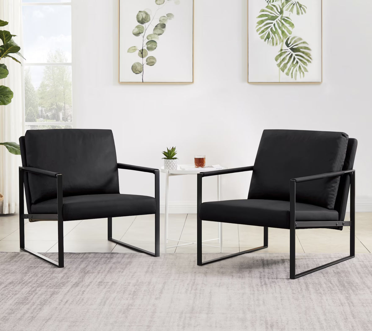Leather Accent Arm Chair Set of 2 with Metal Frame, Black U7840