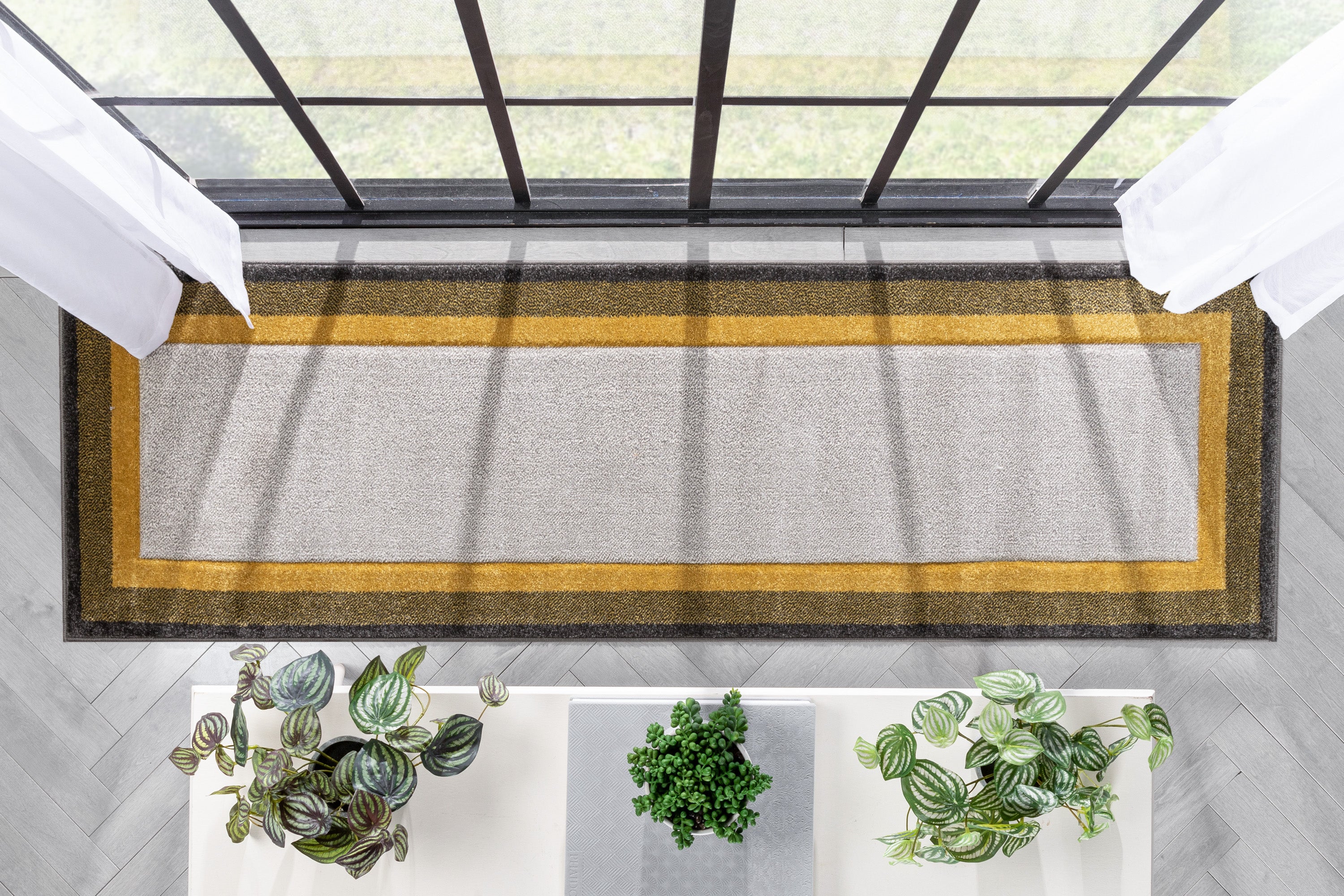Yellow Solid Border Geometric Runner Rug 2x7 B45389