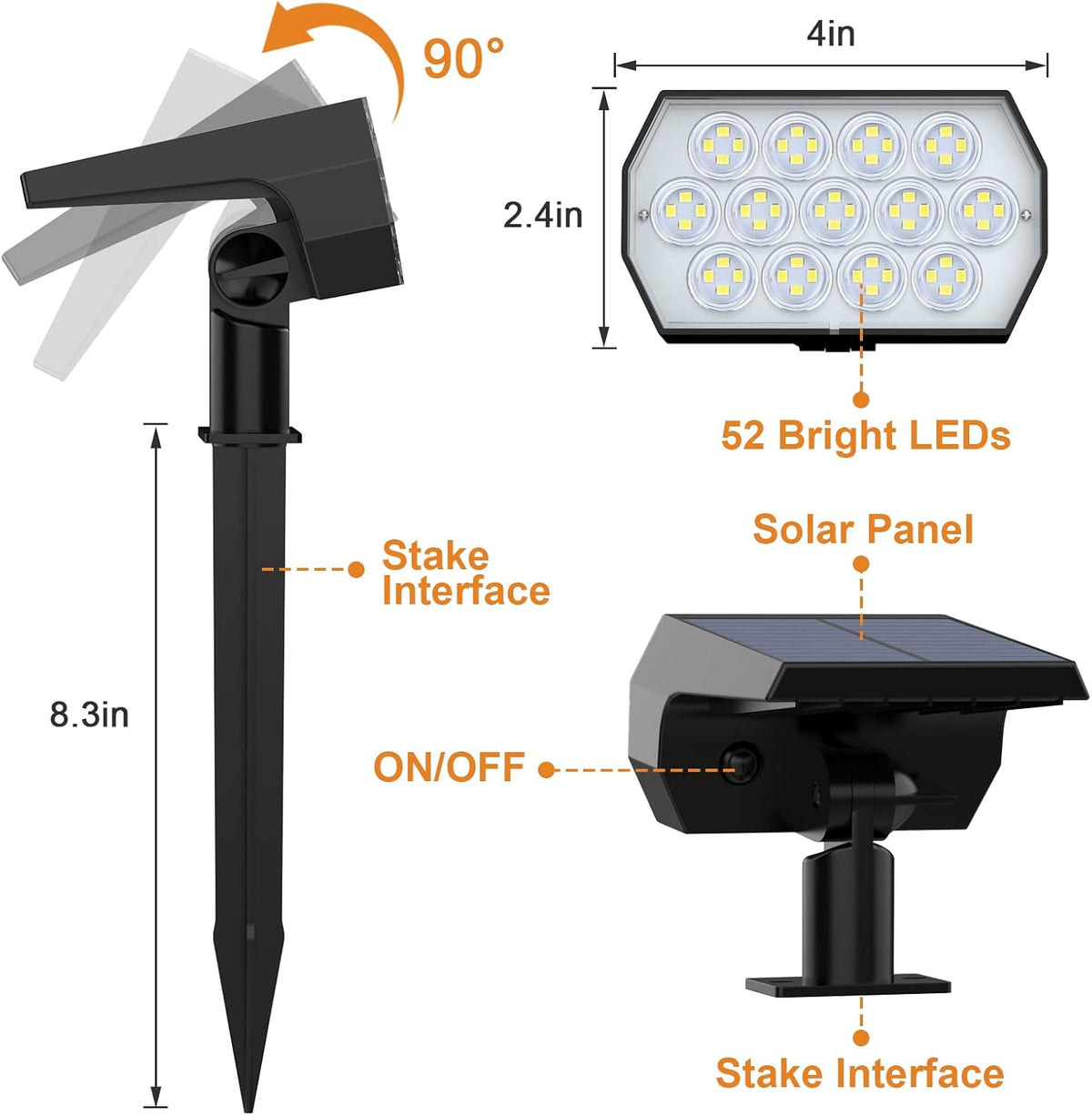 6 Pack 52 LED 3 Modes IP65 Waterproof Solar Spot Lights P578764