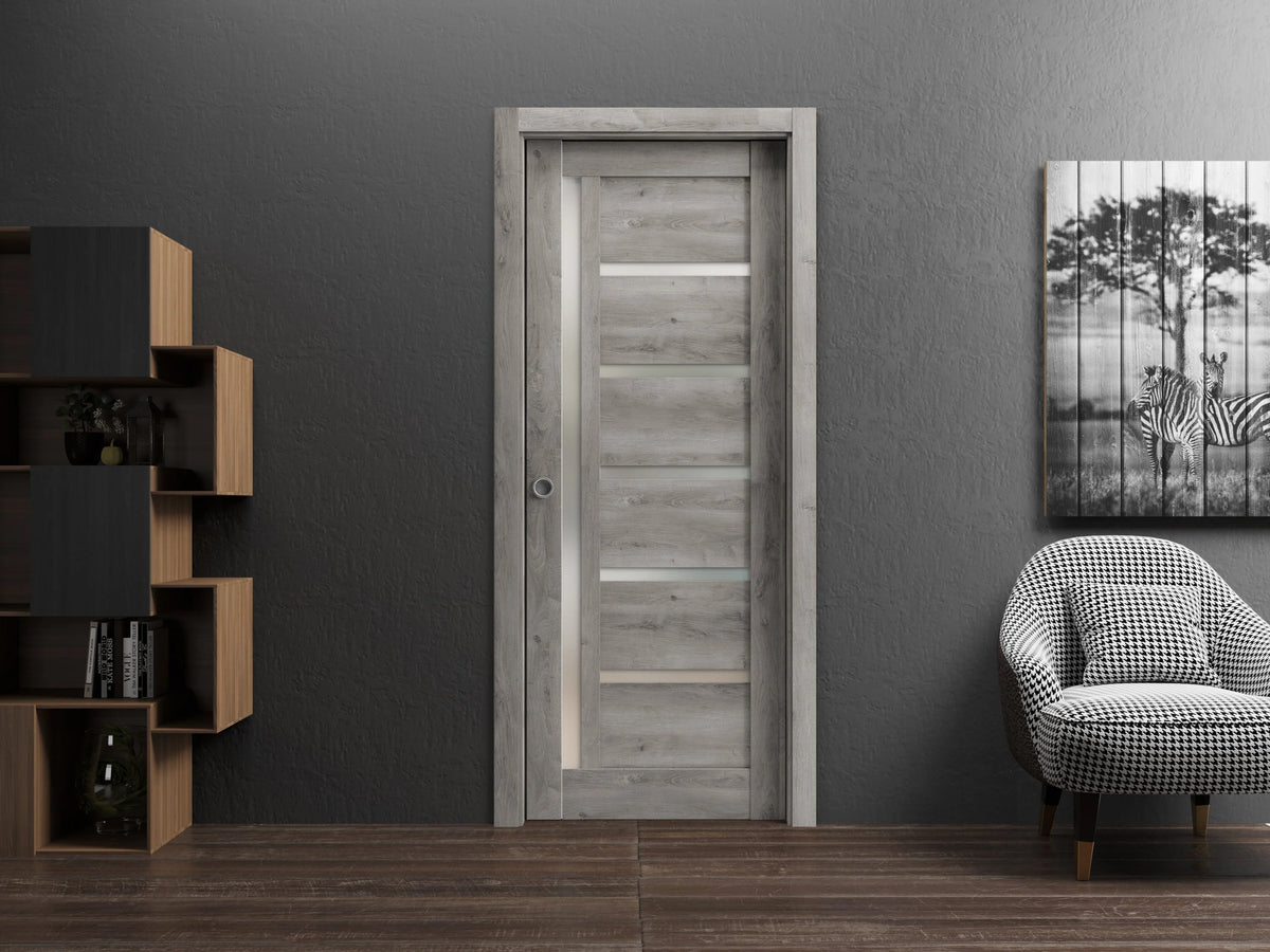 Sliding French Pocket Door 36 x 96 inches with Frosted Glass Solid Wood Interior Door D489